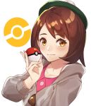  1girl bangs beret blush brown_eyes brown_hair closed_mouth creatures_(company) female_protagonist_(pokemon_swsh) game_freak green_hat grey_coat hat holding holding_poke_ball kamu_(kamuuei) long_hair looking_at_viewer nintendo poke_ball pokemon pokemon_(game) pokemon_swsh simple_background smile solo 