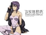 bare_shoulders cyborg female fingerless_gloves ghost_in_the_shell ghost_in_the_shell_stand_alone_complex gloves gun jacket kusanagi_motoko leotard looking_at_viewer official_art purple_hair red_eyes short_hair sitting thighhighs title wallpaper weapon 