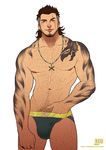  1boy abs body_hair brown_hair bulge final_fantasy final_fantasy_xv gladiolus_amicitia long_hair looking_at_viewer male_focus muscle nipples pecs scar solo square_enix tagme tattoo topless underwear 