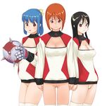  ball bandaid bandaid_on_pussy bangs black_hair blood blue_hair bottomless bow breasts brown_eyes cleavage_cutout gloves hair_bow large_breasts long_hair looking_at_viewer makochin multiple_girls orange_hair original short_hair simple_background small_breasts white_background 