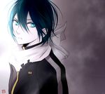  1boy black_hair blue_eyes hair_between_eyes highres noragami scarf simple_background solo tsukimori_usako yato_(noragami) 