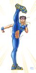  alternate_costume bbc-chan blush bodysuit bracelet chun-li crotch_cutout double_buns embarrassed fat_mons fighting_stance hair_bun jewelry leg_up pussy pussy_juice sneakers street_fighter torn_clothes uncensored wardrobe_malfunction 