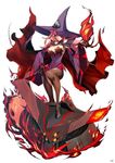  1girl arc_system_works black_eyes black_sclera blazblue blazblue:_central_fiction breasts cleavage female flames hi_no_kagutsuchi konoe_a_mercury large_breasts official_art phantom_(blazblue) pink_hair purple_cape solo witch_hat 