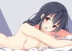  1girl :o artist_request black_hair breast_press indoors long_hair looking_at_viewer lying nude on_bed on_stomach open_mouth red_eyes 