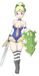  bangs bare_shoulders blonde_hair blue_eyes boots bow breasts cleavage dragon_quest dragon_quest_ix elbow_gloves erect_nipples female full_body gloves hair_bow hair_bun large_breasts leotard looking_to_the_side makochin no_bra roxanne_(dq9) shield simple_background smile solo striped_legwear sword thighhighs walking weapon white_background 