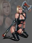  audia_pahlevi axe blonde_hair boots breasts circlet cleavage gloves high_heel_boots high_heels kneeling looking_at_viewer ninja_gaiden rachel_(ninja_gaiden) solo thighhighs weapon 