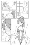  bad_id bad_twitter_id blush bow casual_one-piece_swimsuit closed_eyes clothes_down comic embarrassed full-face_blush greyscale hair_bow highleg highleg_swimsuit houshou_(kantai_collection) kantai_collection looking_away monochrome navel navel_cutout o-ring o-ring_swimsuit off_shoulder one-piece_swimsuit ponytail robe sakiyo_cake side_cutout swimsuit translation_request wavy_mouth 
