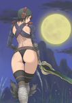  1girl ass back brown_eyes brown_hair cap character_request from_behind full_moon grass looking_at_viewer looking_back makochin monster_hunter moon night night_sky outdoors revealing_clothes short_hair solo sword tagme thighhighs weapon 