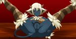  1girl 2radpersec anus ass blue_skin breasts horns looking_at_viewer lying osamodas osamodas_f pointy_ears presenting pussy spreading stitches striped_legwear tail thighhighs wakfu white_hair 
