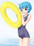  1girl blue_hair flat_chest innertube looking_at_viewer makochin ocean one-piece_swimsuit open_mouth original purple_eyes school_swimsuit short_hair simple_background solo standing swimsuit white_background 