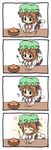  4koma :3 :t ^_^ animal_ears brown_hair cat_ears cat_tail chen closed_eyes comic commentary eating fang food fruit green_hat hand_on_own_cheek hat highres jewelry long_sleeves mandarin_orange mob_cap multiple_tails nekomata pila-pela short_hair silent_comic single_earring solo tail touhou two_tails 