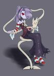  1girl bare_shoulders blue_skin detached_collar detached_sleeves hair_over_one_eye leviathan_(skullgirls) red_eyes side_ponytail skullgirls squigly_(skullgirls) stitched_mouth stitches striped_legwear striped_sleeves thighhighs zombie 