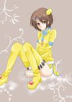  1girl boots breasts brown_background brown_eyes brown_hair cleavage_cutout dress hair_ornament norma_beatty short_hair tales_of_(series) tales_of_legendia thigh_boots 