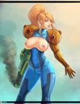  1girl adapted_costume areolae arm_cannon blonde_hair blue_eyes breasts cameltoe female large_breasts looking_at_viewer metroid navel nipples panties ponytail power_suit samus_aran simple_background smoke solo topless underwear vempire weapon zero_suit 
