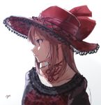  1girl alice_and_the_pirates alternate_costume bangs black_sleeves breasts check_character closed_mouth collarbone commentary_request dress gothic_wa_mahou_otome hat lace-trimmed_hat lolita_fashion long_hair looking_afar looking_to_the_side profile ranun_(gothic_wa_mahou_otome) red_dress red_hat signature simple_background sketch smile solo upper_body white_background yae_(mono110) 