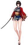  black_hair breasts female japanese_clothes kimono kurenai_(red_ninja) large_breasts red_ninja short_hair simple_background solo sword 