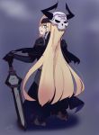  1girl abigail_williams_(fate/grand_order) armor armored_boots armored_dress bangs black_cloak black_dress blonde_hair blue_eyes boots cloak commentary_request cosplay dress eyebrows_visible_through_hair fate/grand_order fate_(series) from_behind full_body hand_on_hilt highres horned_mask horns king_hassan_(fate/grand_order) king_hassan_(fate/grand_order)_(cosplay) kujou_karasuma looking_at_viewer looking_back mask mask_on_head planted_sword planted_weapon profile signature skull_mask solo spikes standing sword weapon 