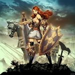  1girl armor ass eleanor_of_aquitaine genzoman green_eyes horse long_hair red_haired shield sideboob sword tagme 