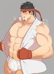  1boy abs black_hair blood blush bottomless male_focus muscle pecs pubic_hair ryuu_(street_fighter) short_hair solo steam street_fighter sweat tagme torn_clothes underwear undressing 