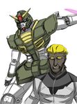  1boy blonde_hair dark_skin dual_wielding gundam gundam_we&#039;re_federation_hooligans!! gundam_we're_federation_hooligans!! lieutenant_cortez mecha military_uniform pixie_gundam simple_background uniform weapon white_background zetsumame 