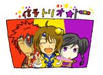  1girl 2boys black_hair blush brown_hair dark_skin dress eyepatch eyes_closed hair_ornament jay moses_sandor multiple_boys norma_beatty open_mouth purple_eyes red_hair short_hair side_ponytail sleeping tales_of_(series) tales_of_legendia v 