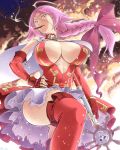  1girl ahoge blue_eyes braid breasts cape cigar cleavage fate/extra fate/grand_order fate_(series) fingerless_gloves francis_drake_(fate) from_below gloves hair_ribbon highres huge_breasts long_hair magical_girl oku_hideki open_clothes pink_hair ribbon scar single_braid skirt skull smoking solo thighhighs wand 