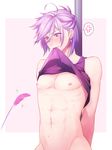  1boy abs bakumatsu_rock blush bottomless lifting_shirt male_focus muscle nipples purple_hair restrained short_hair solo souji_okita sweat tagme undressing wince 