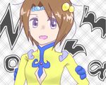  1girl breasts brown_hair cleavage_cutout dress hair_ornament norma_beatty open_mouth purple_eyes short_hair tales_of_(series) tales_of_legendia 
