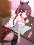  1girl black_legwear breasts brown_hair cleavage doskoinpo huge_breasts plaid_skirt purple_eyes sitting skirt table thighhighs 