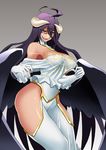  :d ahoge albedo bare_shoulders black_hair black_wings bnc_(bunshi) breasts cleavage cowboy_shot demon_girl demon_horns dress female gloves gradient gradient_background grin highres hip_vent horns large_breasts long_hair looking_at_viewer naughty_face open_mouth overlord_(maruyama) smile solo thick_thighs white_dress white_gloves wide_hips wings yellow_eyes 