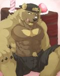 2016 5_fingers abs backwards_baseball_cap barefoot baseball_cap biceps birthday black_nose brown_fur cake cinna-tree claws clothed clothing food frosting fur green_eyes grin hair hat hi_res krispy male mammal muscular muscular_male pants pecs red_velvet shorts sitting smile solo solo_focus tan_fur tongue topless ursid 