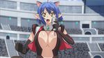  1girl animal_ears animated animated_gif announcer arena black_gloves blue_hair bouncing_breasts breasts cleavage cleavage_cutout crowd demon_horns female gloves highres holding_microphone horns huge_breasts large_breasts microphone no_bra shinmai_maou_no_testament short_hair solo stadium tail 