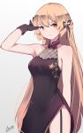  absurdres adjusting_hair artist_name black_dress black_gloves cowboy_shot dress floral_print garter_straps girls_frontline gloves grey_background hair_ornament highres light_brown_hair long_hair looking_at_viewer ots-14_(girls_frontline) simple_background tegar32 yellow_eyes 