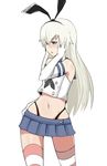  1girl blonde_hair blue_eyes blush elbow_gloves freedom_nakai gloves hair_ribbon highres kantai_collection long_hair midriff navel ribbon shimakaze_(kantai_collection) simple_background solo striped striped_legwear thighhighs thong thong_panties underwear wide_hips 