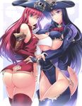  2girls ass bare_shoulders blue_eyes breasts cleavage curvy haganef hat huge_ass huge_breasts long_hair looking_at_viewer multiple_girls parted_lips pink_hair pirate purple_eyes purple_hair smile standing symmetrical_docking thighhighs underboob wide_hips 