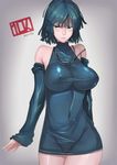 blush breasts closed_mouth cowboy_shot curvy female fubuki_(one-punch_man) gradient gradient_background green_eyes grey_background inverted_nipples large_breasts one-punch_man see-through short_hair solo standing wide_hips 