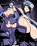  bare_shoulders blue_eyes blue_hair breasts cleavage collar collarbone curvy detached_sleeves dress female flower gigantic_breasts gradient gradient_background hair_ornament hair_over_one_eye heart high_heels highres light_smile long_hair long_sleeves long_twintails looking_at_viewer maebari multiple_persona original plump shiny_skin shoes simple_background skirt sleeves_past_wrists smile standing thighhighs twintails very_long_hair wide_hips wide_sleeves yukimaru_(gojo) 