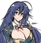  1girl ahoge akairiot artist_name blue_hair breasts cleavage cleavage_cutout huge_breasts kurokami_medaka long_hair looking_at_viewer medaka_box purple_eyes shounen_jump smile solo upper_body 