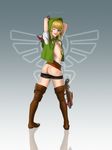  1girl artist_name ass blonde_hair blue_eyes boots bow_(weapon) crossbow from_behind hood linkle lips looking_at_viewer looking_back nintendo one_eye_closed solo the_legend_of_zelda tony_losoya twin_braids weapon wink zelda_musou 