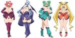  4girls absurdres bare_shoulders blonde_hair blue_eyes blue_hair boots breasts cleavage collar collarbone curvy detached_sleeves female flower gigantic_breasts glasses green_eyes hair_ornament heart high_heels highres huge_breasts lineup long_hair long_twintails looking_at_viewer maebari miniskirt multiple_girls navel original red_eyes red_hair shiny_skin shoes simple_background skirt smile standing thigh_gap thighhighs twintails very_long_hair white_background wide_hips yellow_eyes yukimaru_(gojo) 