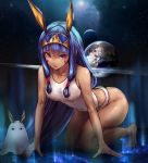  1girl all_fours animal_ears bare_legs barefoot blue_hair breasts bunny_ears collarbone covered_navel earth erect_nipples eyebrows_visible_through_hair facepaint fate/grand_order fate_(series) full_body hair_rings hair_tubes hairband juu_roku_gen long_hair looking_at_viewer medium_breasts medjed moon night night_sky nitocris_(fate/grand_order) nitocris_(swimsuit_assassin)_(fate) one-piece_swimsuit open_mouth purple_eyes sidelocks sky space straight_hair swimsuit white_swimsuit 