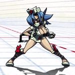  1girl animated animated_gif blue_hair bouncing_breasts breasts face_mask female legs mask nurse nurse_cap ponytail pose red_eyes skullgirls surgical_mask valentine_(skullgirls) 