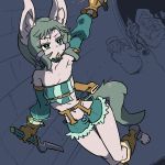  1girl amboynav2 animal_tail bare_shoulders dutch_angle female furry green_eyes knife looking_at_viewer navel running short_shorts shorts simple_background tail weapon 