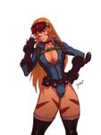  1girl alternate_costume alternate_hairstyle blonde_hair breasts cammy_white cleavage goggles goggles_on_head harness highleg highleg_leotard leotard liyart long_hair solo street_fighter street_fighter_v tattoo thighhighs unzipped utility_belt zipper 