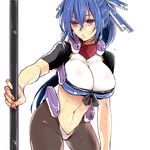  1girl blue_hair breasts female hjm honda_futayo kyoukaisenjou_no_horizon large_breasts leaning_forward long_hair midriff navel parted_lips ponytail purple_eyes solo standing white_background 