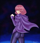  1girl ass blue_eyes cape clenched_hand from_behind gundam haman_karn looking_at_viewer pantyhose pink_hair short_hair solo zeta_gundam 