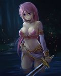  1girl armor bikini_armor borurun character_request copyright_request lake long_hair pink_hair purple_eyes skirt skirt_lift solo sword 