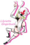  1girl arrancar bare_shoulders belly belly_button bleach breasts clenched_teeth female fingernails fingers flat_chest green_hair grin legs lilynette_gingerbuck looking_at_viewer purple_eye short_hair simple_background smile solo teeth thighs 