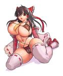  adapted_costume bikini black_hair bow breasts brown_eyes commentary covered_nipples detached_sleeves full_body geta hair_bow hair_tubes hakurei_reimu huge_breasts huge_nipples kruth666 lips micro_bikini navel necktie older parted_lips pussy_peek red_bow see-through sitting skindentation solo swimsuit thick_thighs thighhighs thighs touhou unaligned_breasts wariza white_legwear 