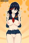  1girl areolae black_hair blue_eyes bottomless breasts kill_la_kill looking_at_viewer matoi_ryuuko multicolored_hair navel nipples no_bra no_panties pussy red_hair school_uniform shirt shirt_lift skirt skirt_lift solo standing ttrop uncensored v 